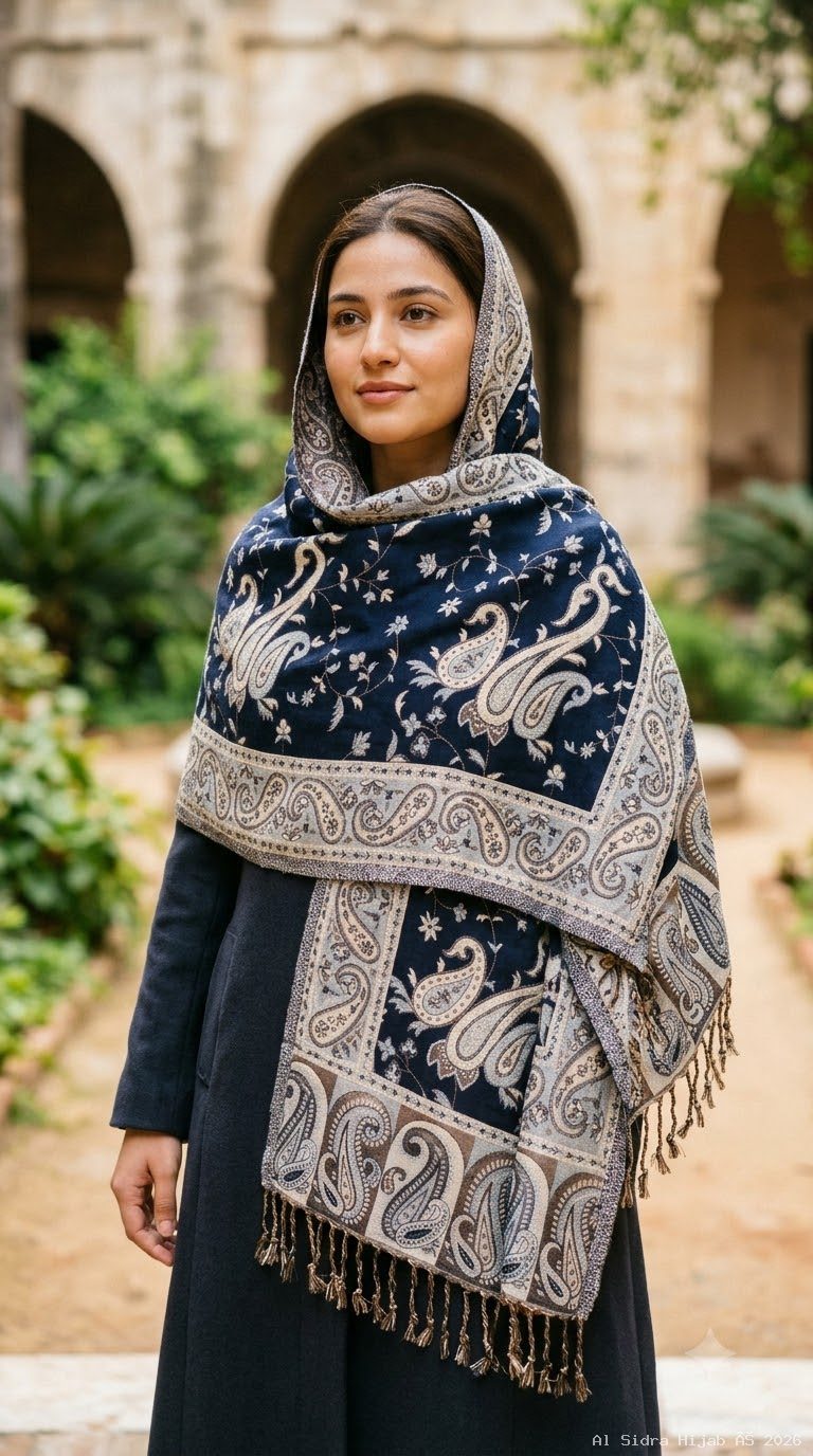 Pashmina shawl in Navy Blue & Silver Gold