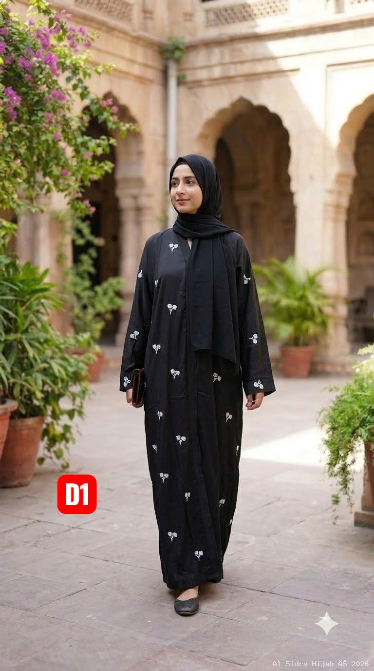 Front-Open TikTok Fabric Abaya with All-Over Embroidered Buta Details Without Dupatta