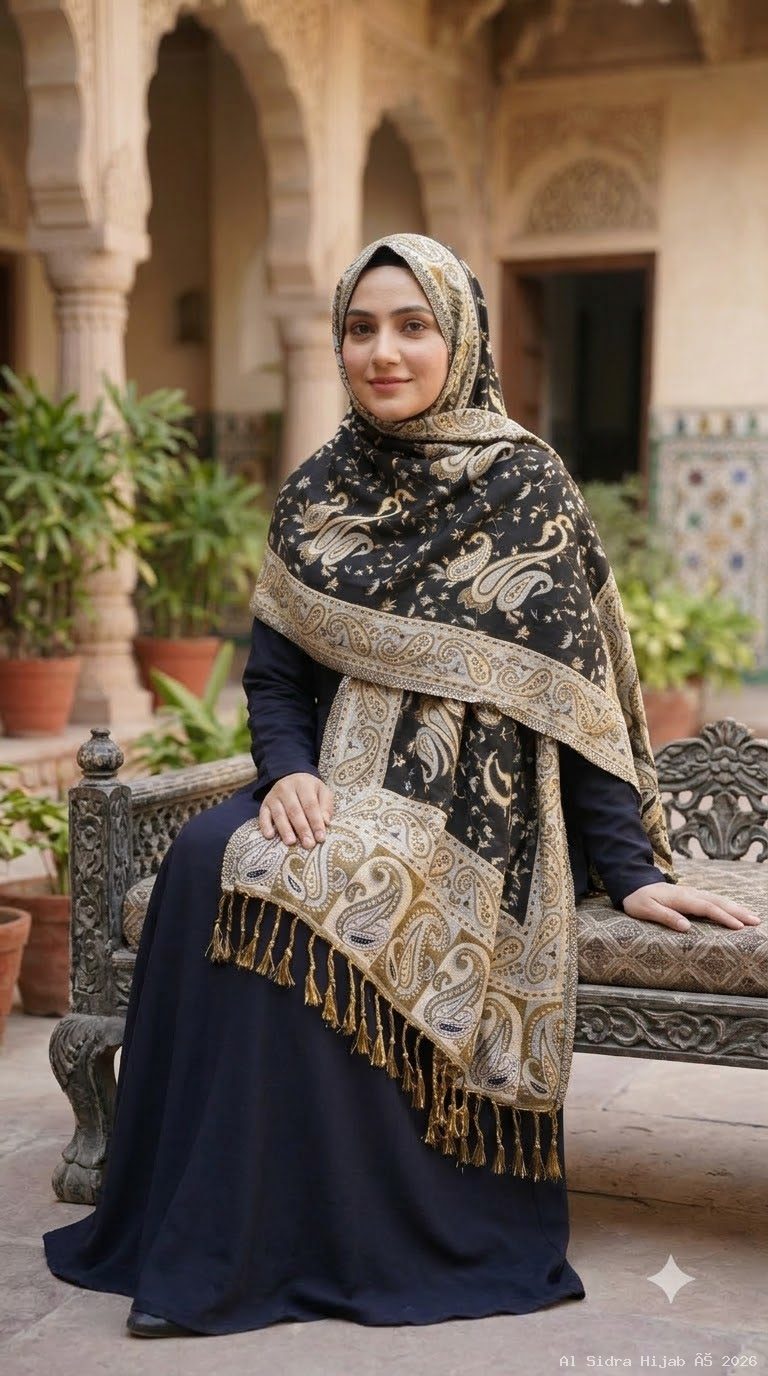 Pashmina shawl in Jet Black & Gold Silver
