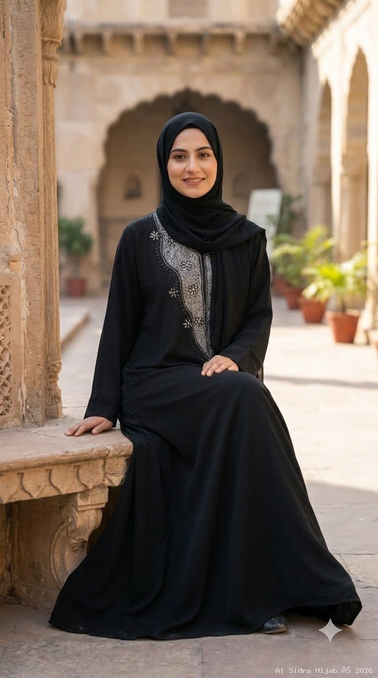 Imported Korean Nida Front-Open Abaya with Handcrafted Necklace Work