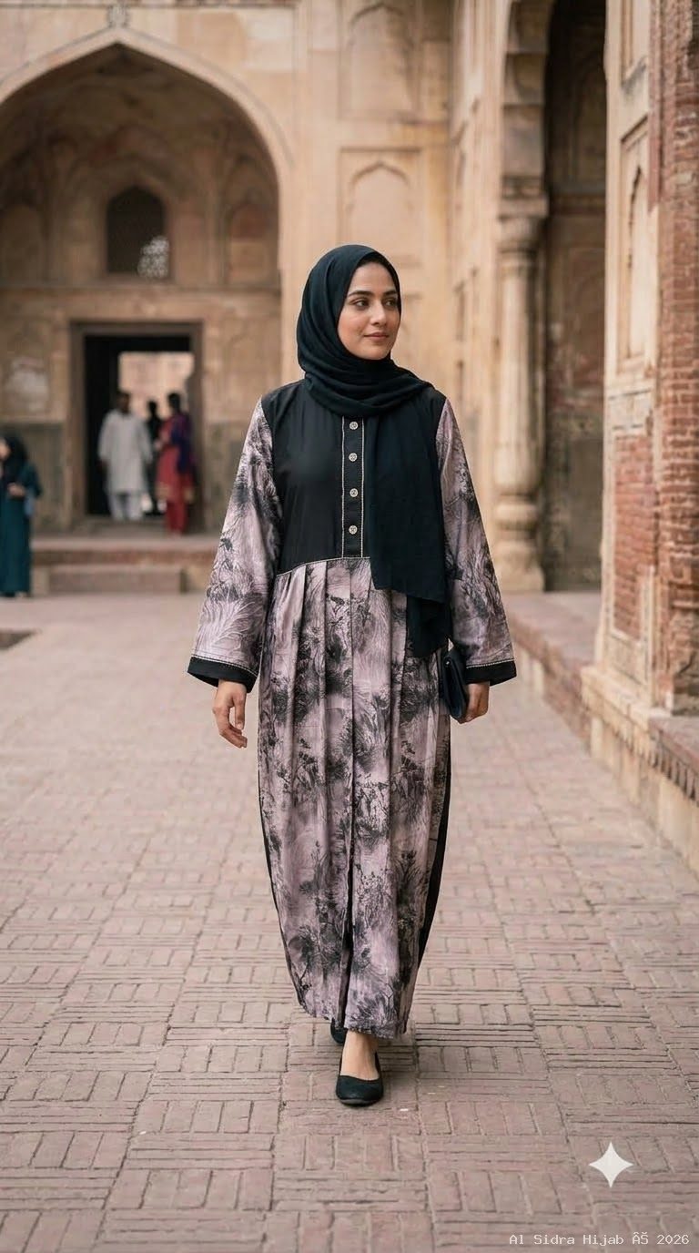 Printed TikTok Fabric Abaya with Contrast Yoke without dupatta