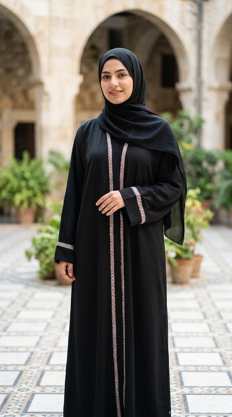 Front-Open Zoom Fabric Abaya with Embroidered Panels without dupatta