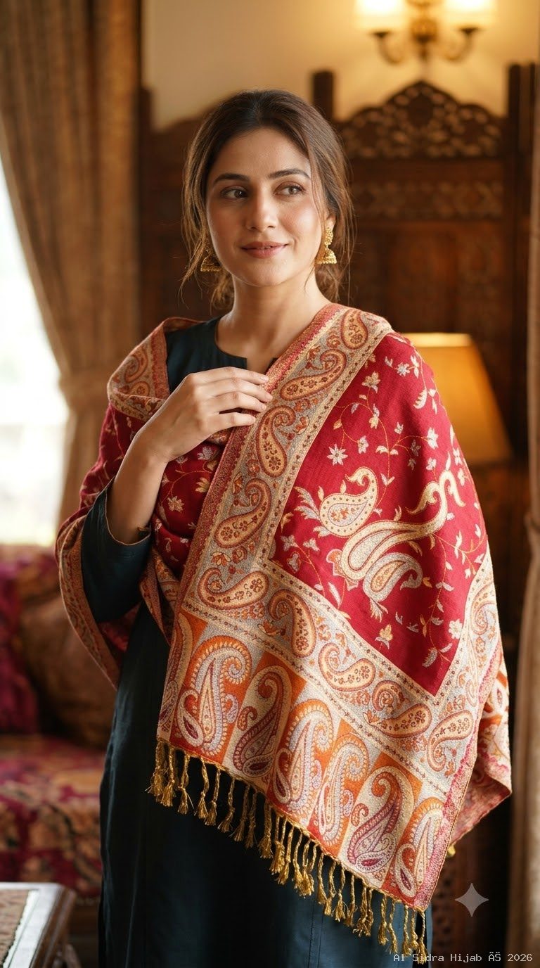 Pashmina shawl in Ruby Red & Gold