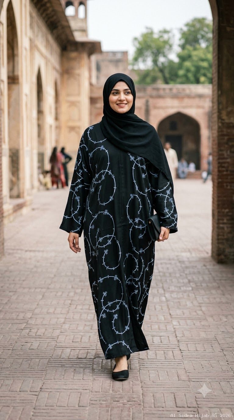 Front-Open TikTok Fabric Abaya with All-Over Swirl Embroidery