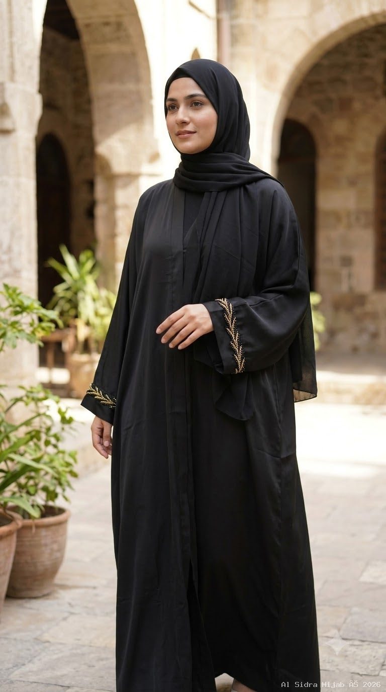 Front-Open TikTok Fabric Abaya with Handwork Beaded Lace Cuffs Without Dupatta