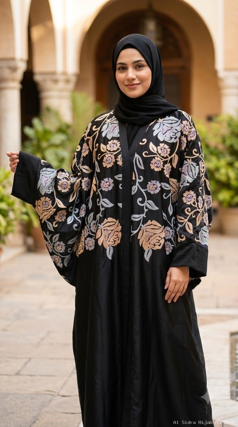 Imported Marble Shine Kaftan Abaya with All-Over Floral Embroidery & Stone Work alternate