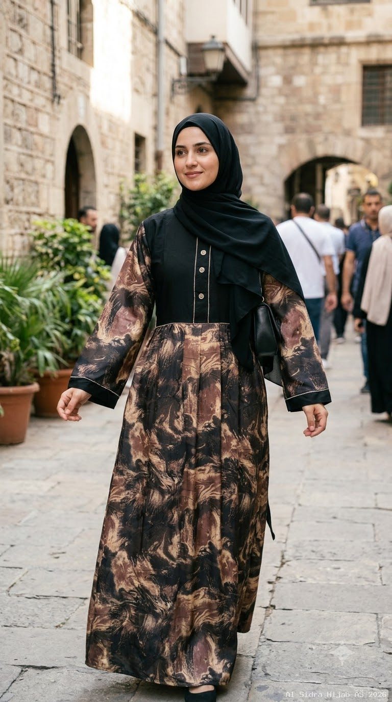 Printed TikTok Fabric Abaya with Contrast Yoke without dupatta