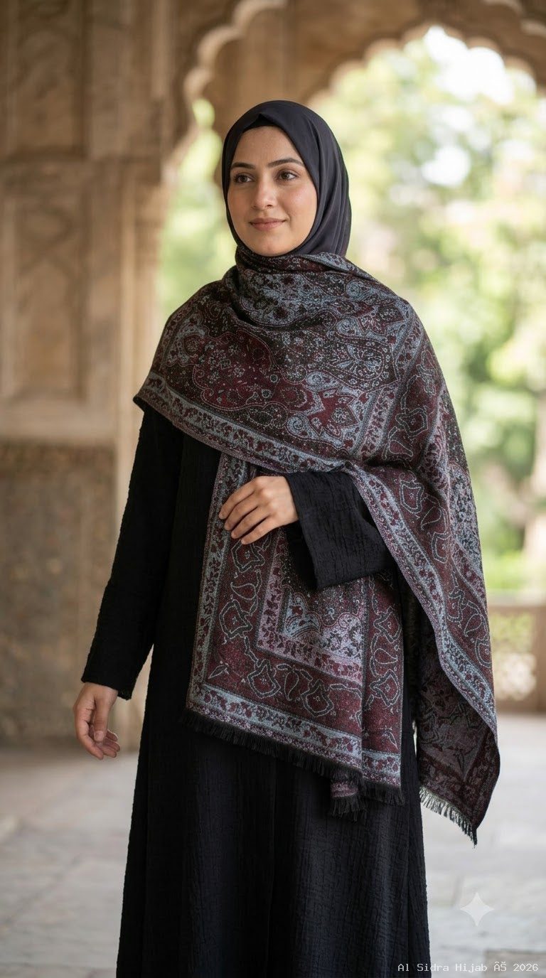 Pashmina shawl in Burgundy & Steel Blue