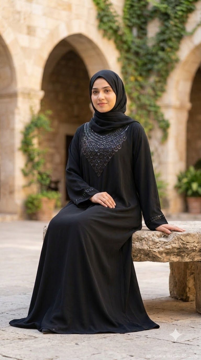 Elegant Al Nida Abaya with Intricate Necklace Bead & Sequin Handwork