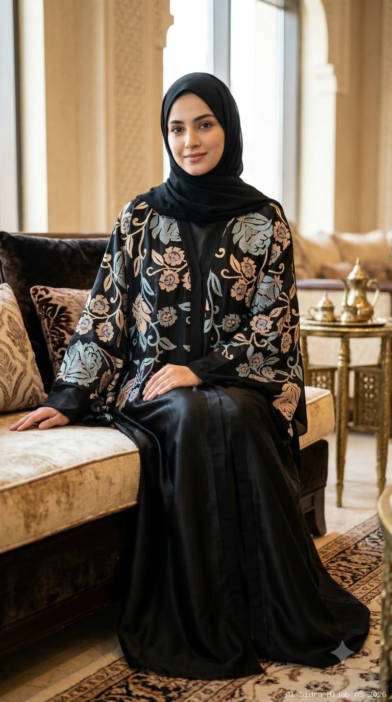Imported Marble Shine Kaftan Abaya with All-Over Floral Embroidery & Stone Work