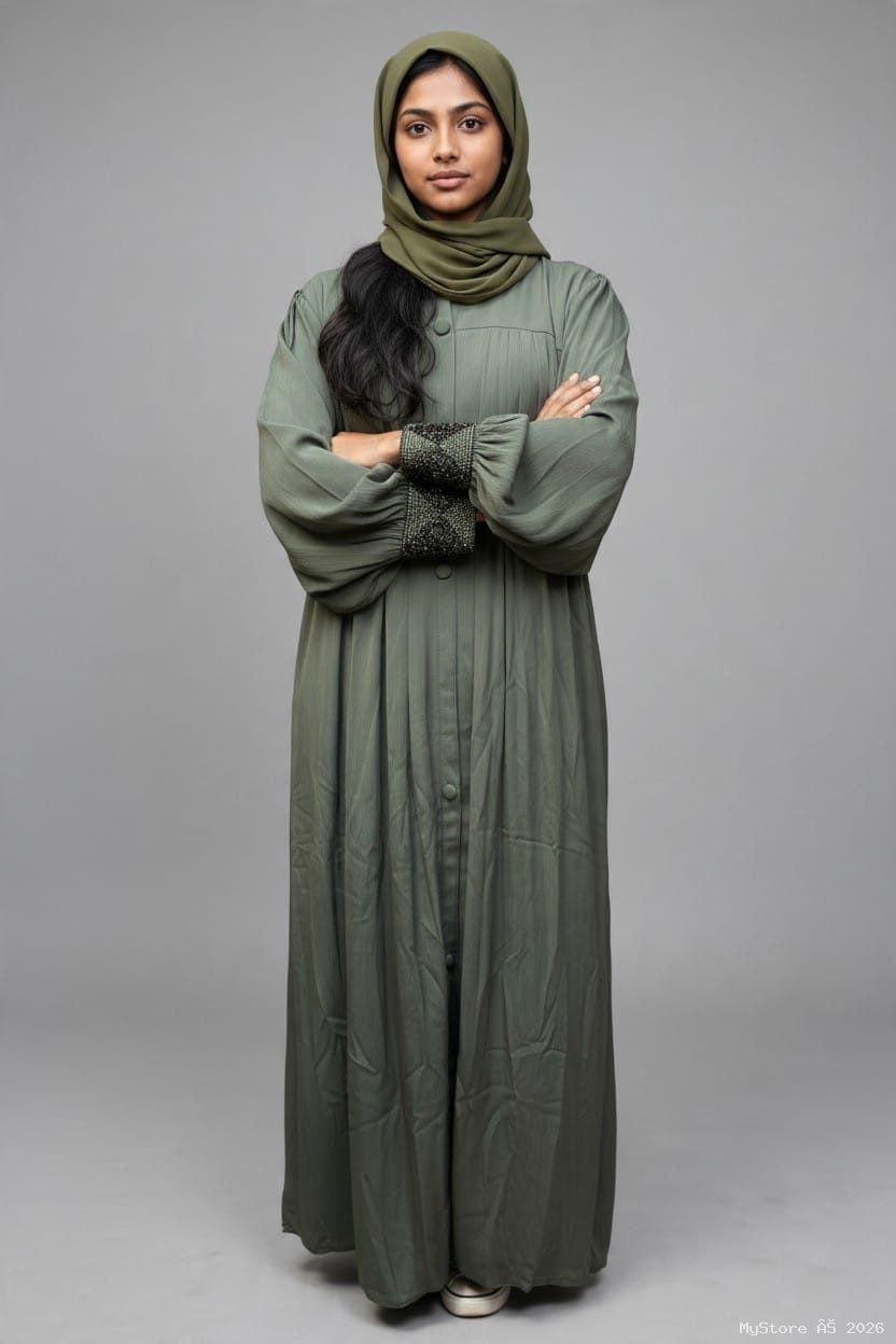 Elegant Sage Green Pleated Front-Open Abaya with Handwork Cuffs