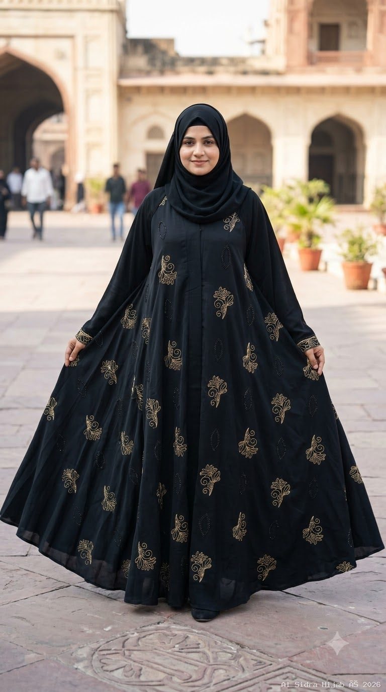 Imported Nida Gold-Embroidered 200-Inch Umbrella Cut Abaya