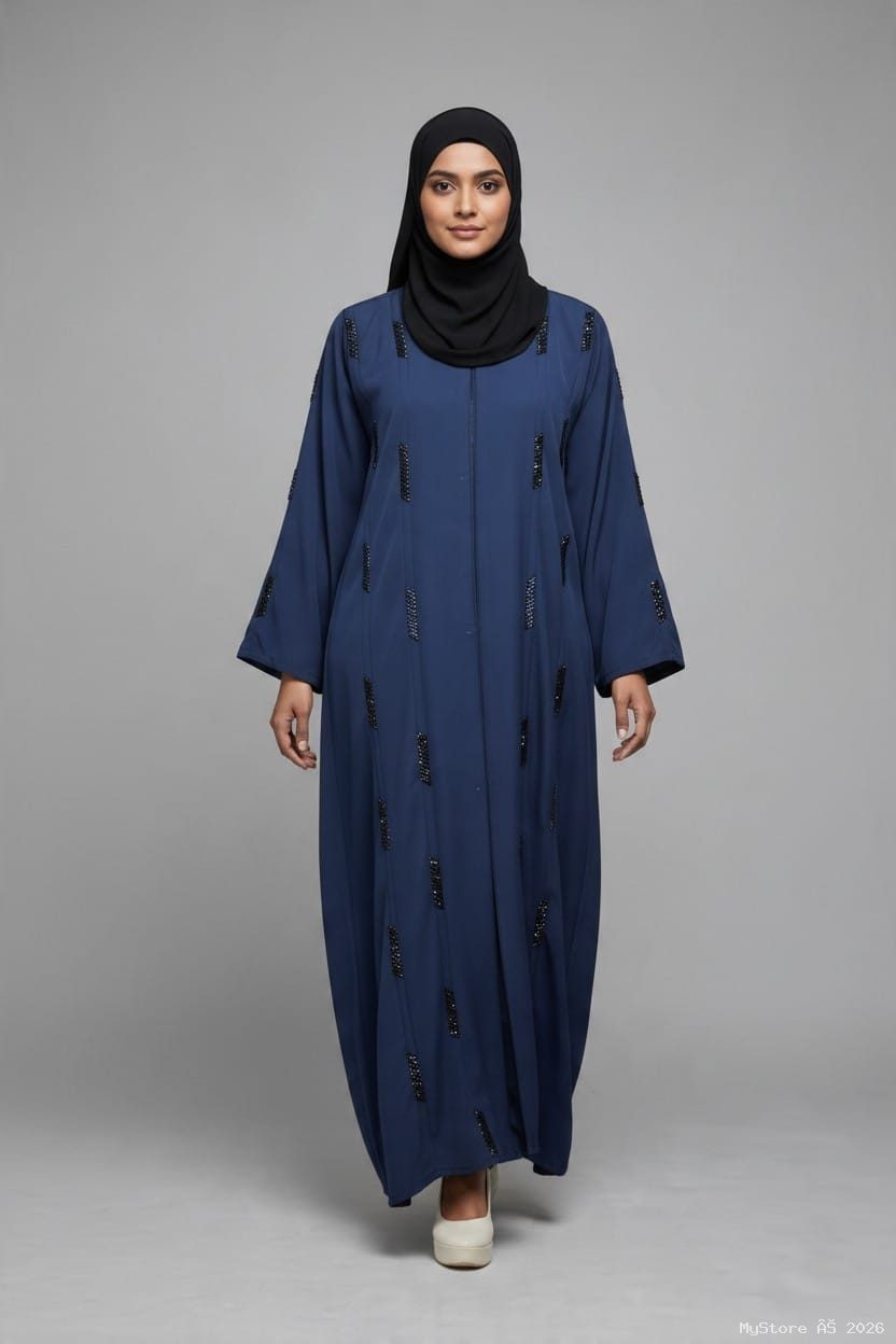 Elegant Navy Blue Front-Open Handwork Abaya