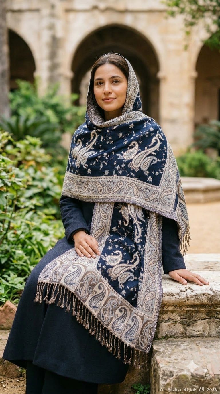 Pashmina shawl in Navy Blue & Silver Gold