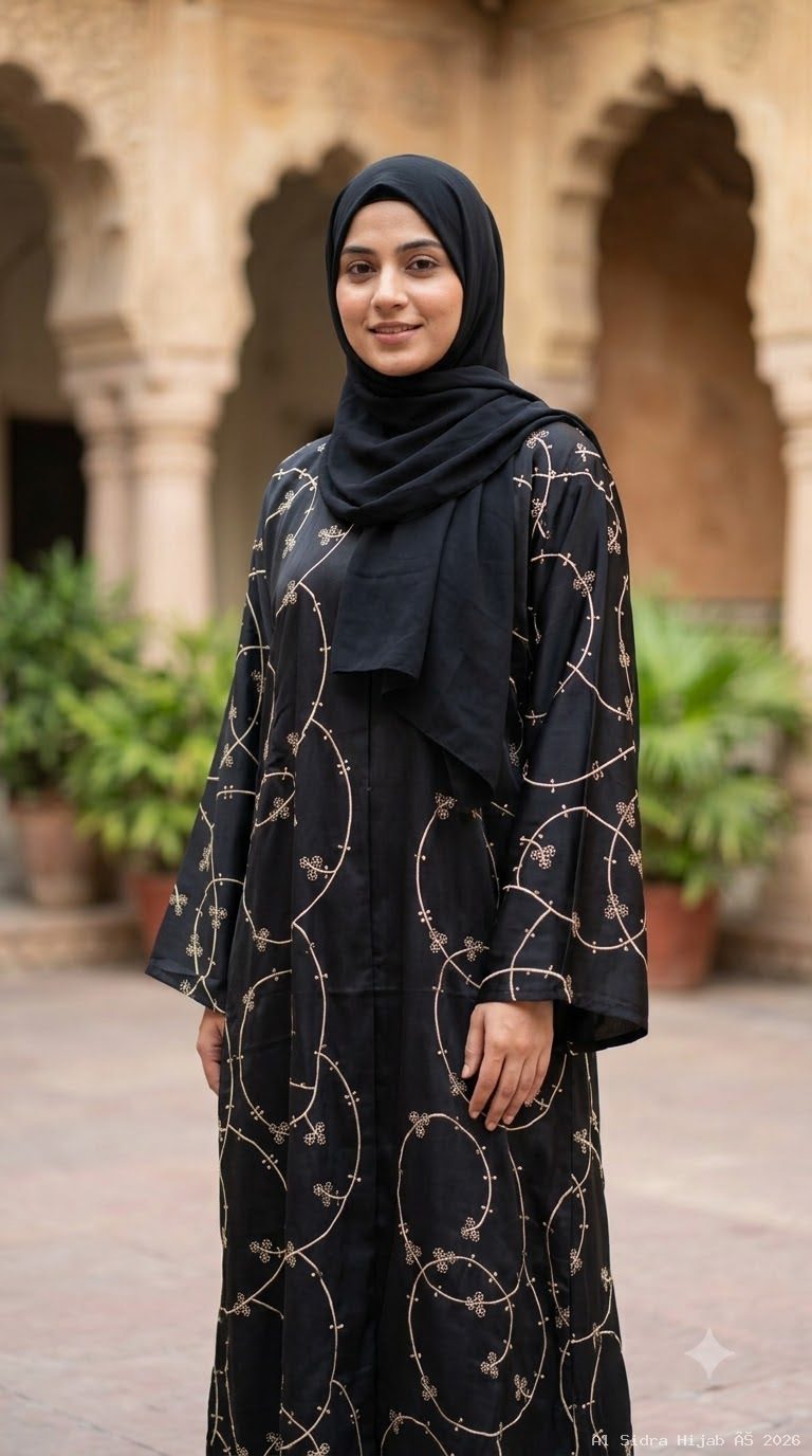 Front-Open TikTok Fabric Abaya with All-Over Swirl Embroidery