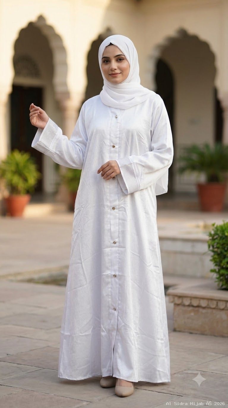 White Satin Front-Open Abaya with Button Detail & Textured Cuffs without dupatta