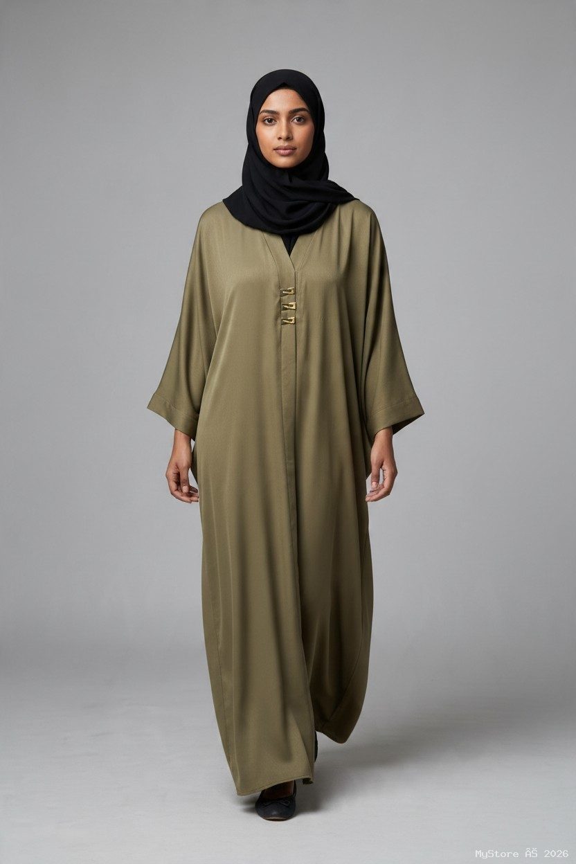 Elegant Olive Green Front-Open Abaya (Marble Shine Fabric)