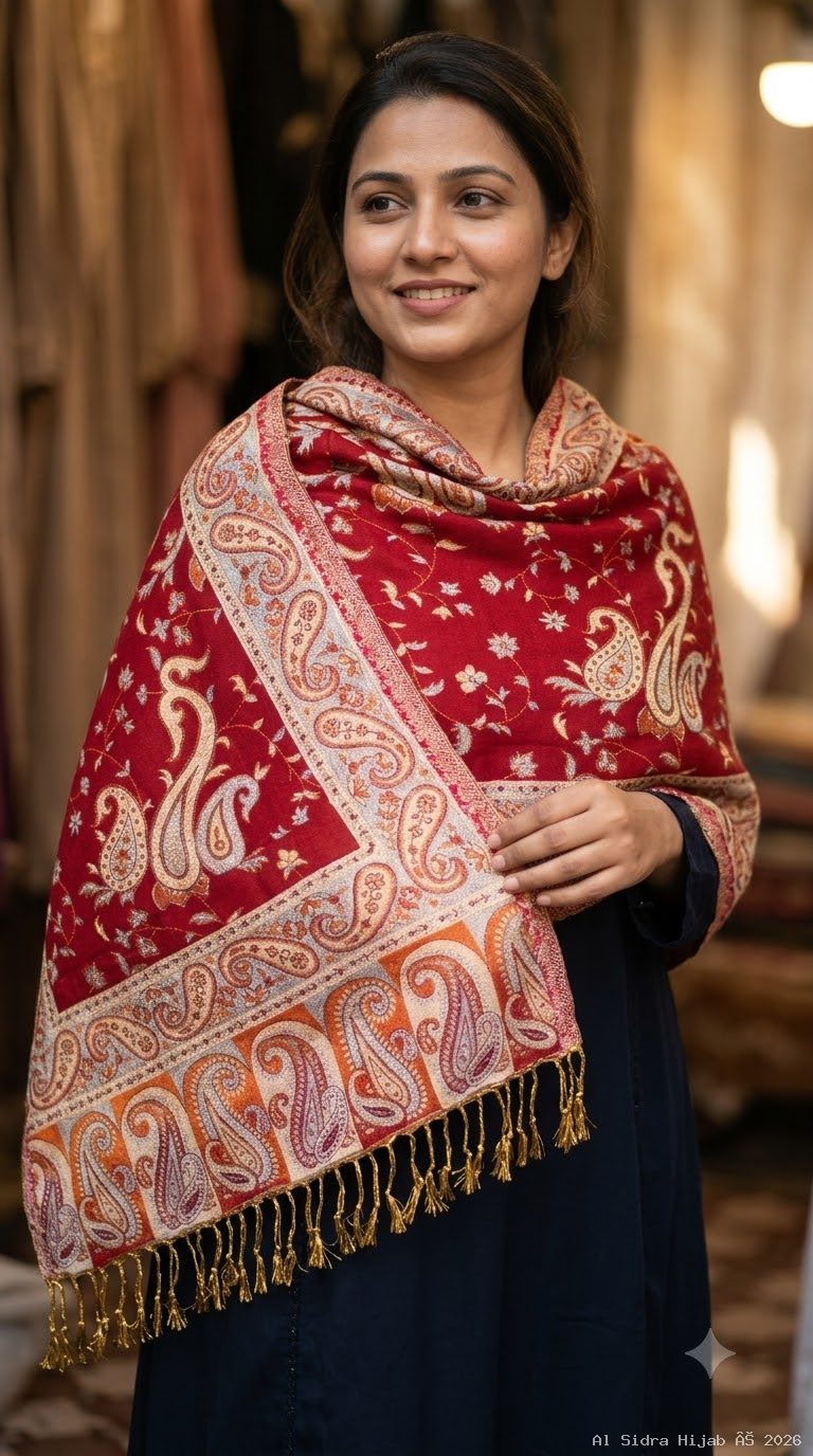 Pashmina shawl in Ruby Red & Gold